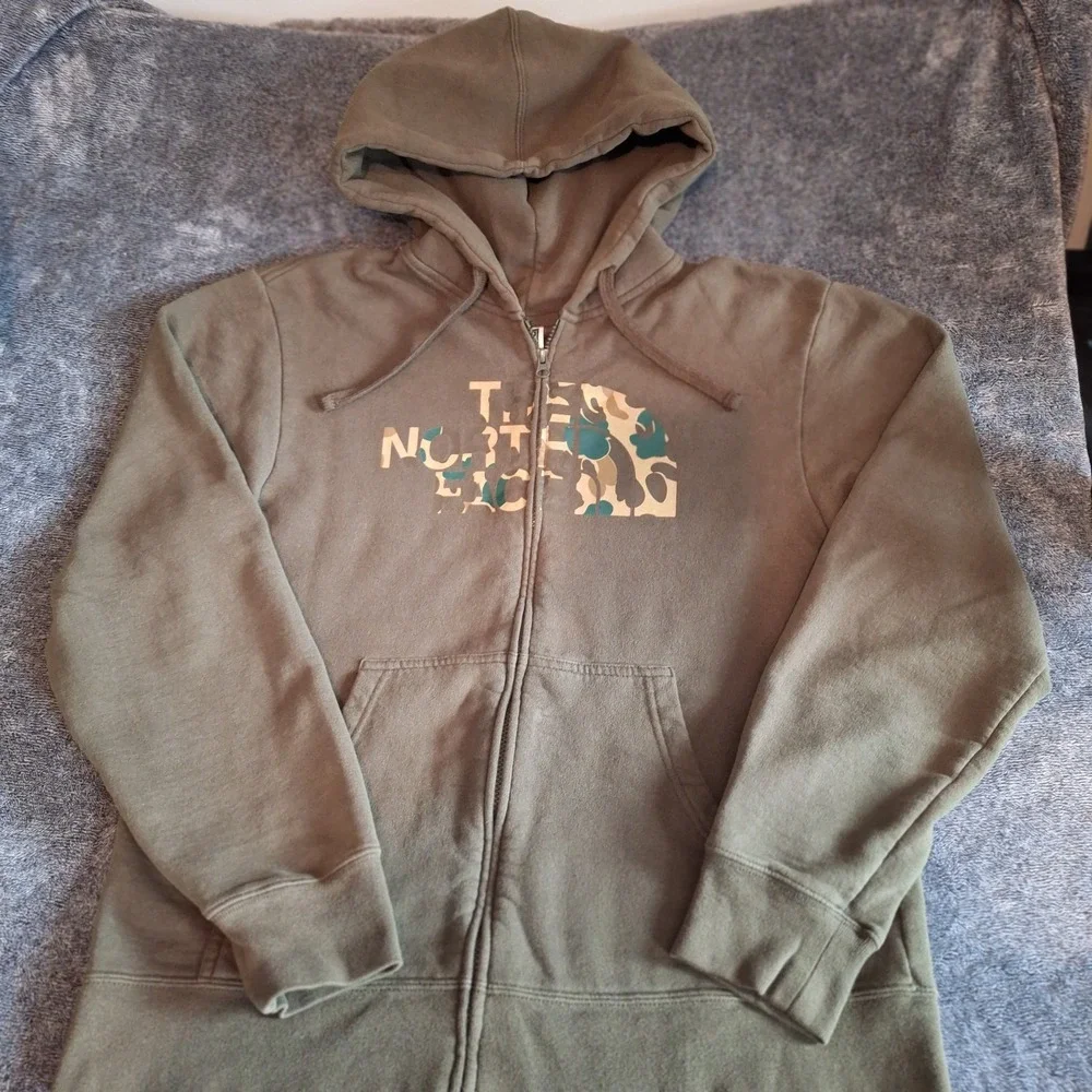 The North Face Full‎ Zip Hoodie Mens L Army Green Camo Graphic Logo Street Wear